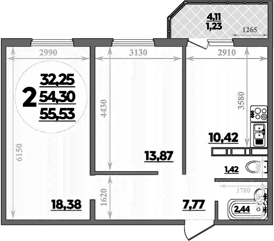 Планировка — Суворовский, 2-комн., 54 м²