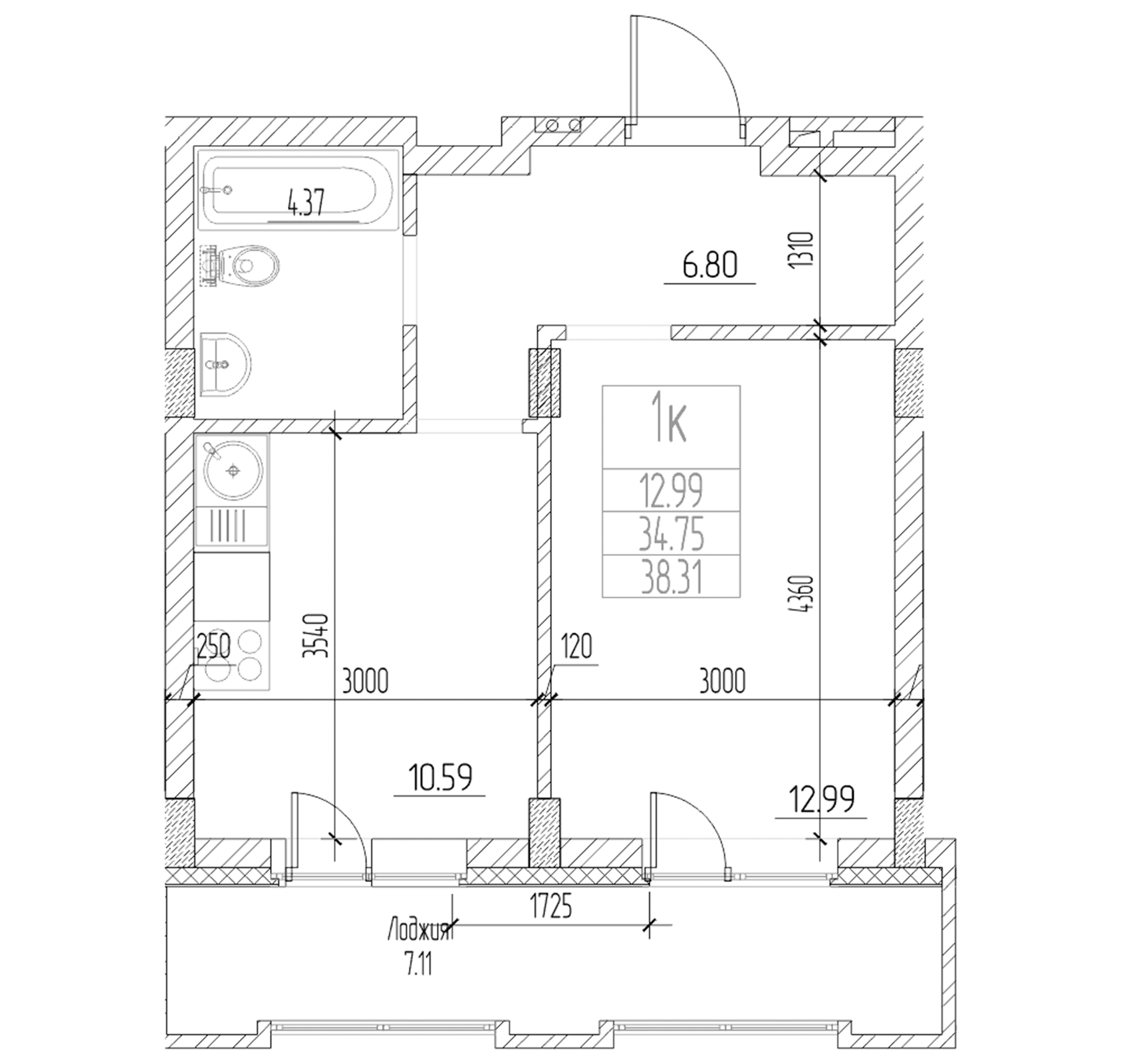 Планировка — Чернышевский, 1-комн., 35 м²
