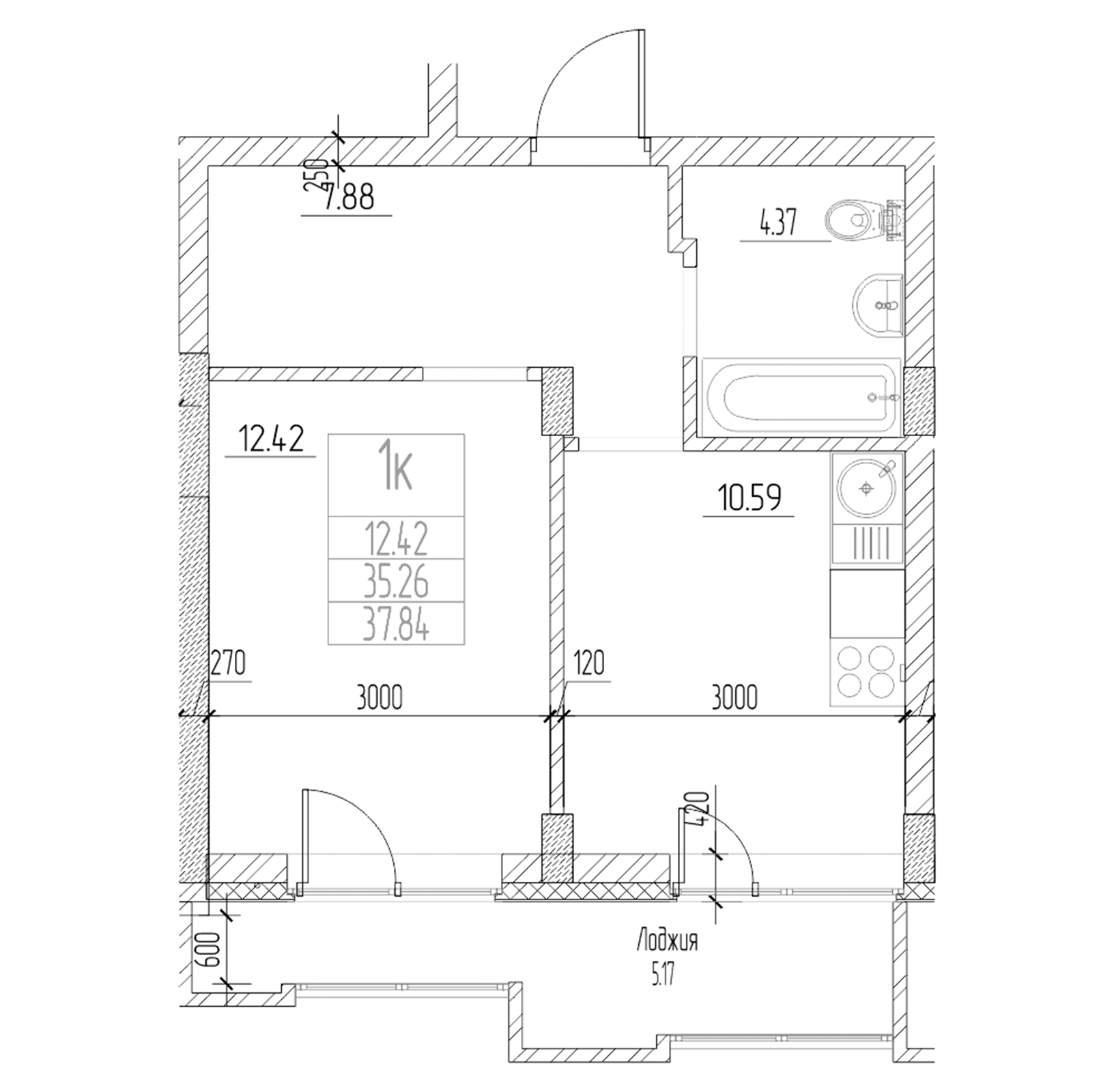 Планировка — Чернышевский, 1-комн., 35 м²