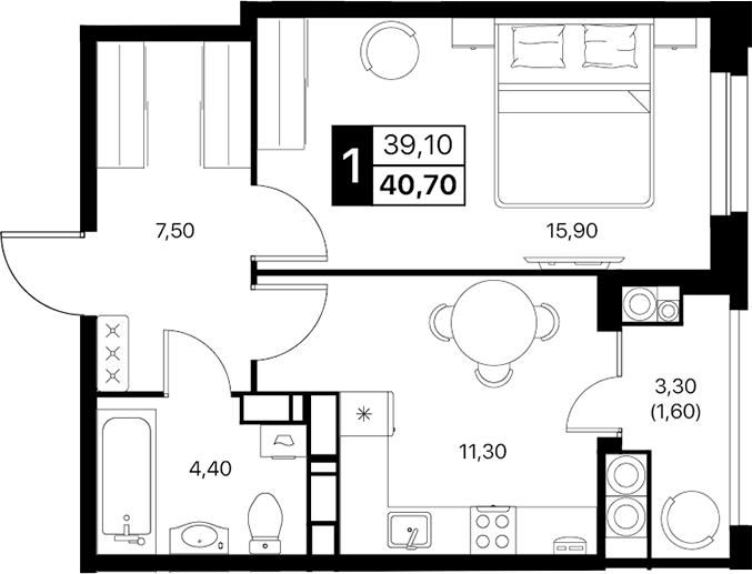 Планировка — Эстет, 1-комн., 39 м²
