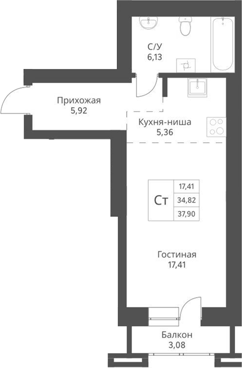 Планировка — Актив, Студия, 35 м²