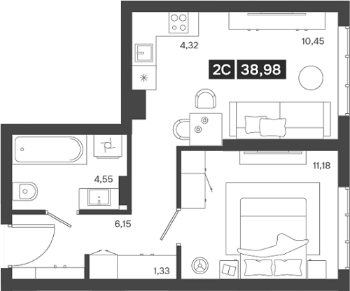 Планировка — Ньютон, 2-комн., 39 м²