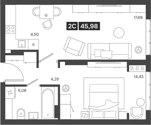 Планировка — Ньютон, 2-комн., 46 м²