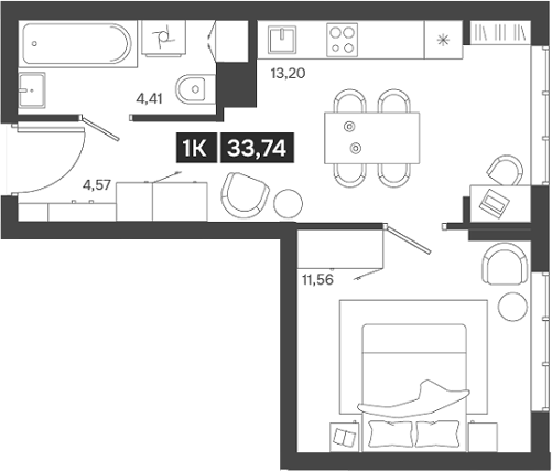 Планировка — Ньютон, 1-комн., 34 м²
