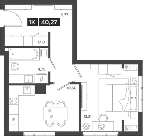 Планировка — Ньютон, 1-комн., 40 м²