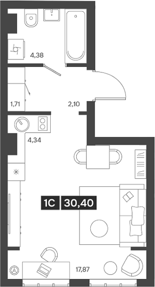 Планировка — Ньютон, Студия, 30 м²
