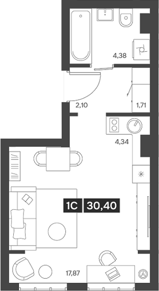 Планировка — Ньютон, Студия, 30 м²