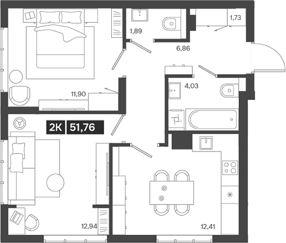 Планировка — Ньютон, 2-комн., 52 м²