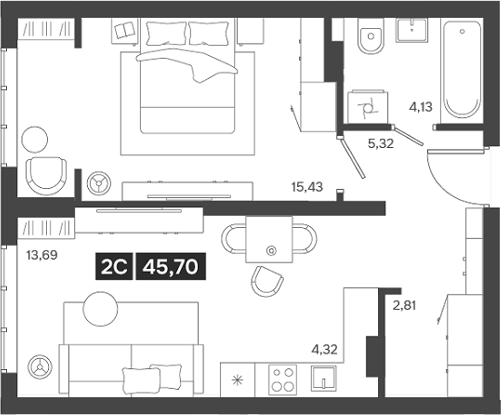 Планировка — Ньютон, 2-комн., 46 м²