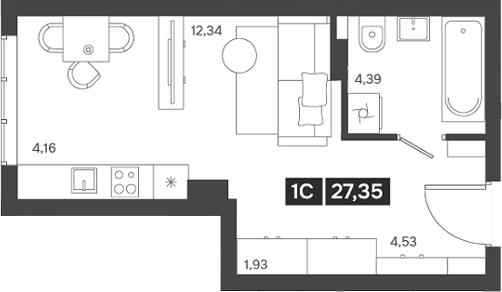 Планировка — Ньютон, Студия, 27 м²