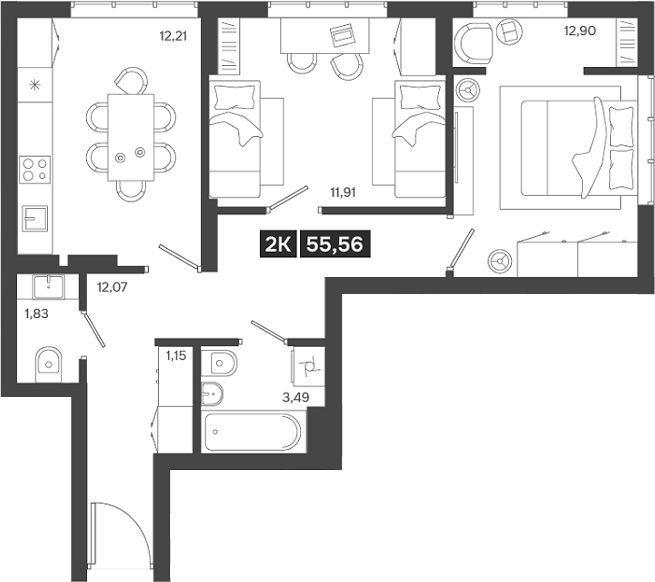 Планировка — Ньютон, 2-комн., 56 м²