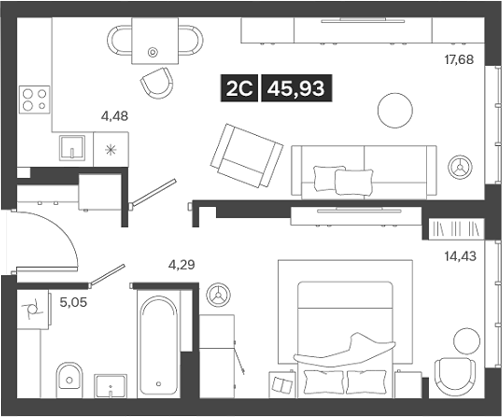 Планировка — Ньютон, 2-комн., 46 м²