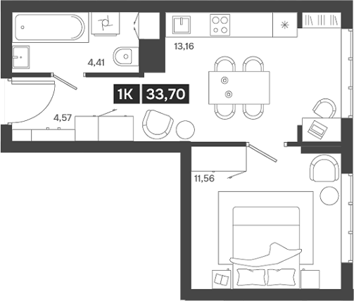Планировка — Ньютон, 1-комн., 34 м²
