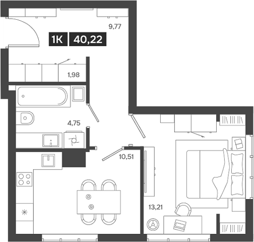 Планировка — Ньютон, 1-комн., 40 м²