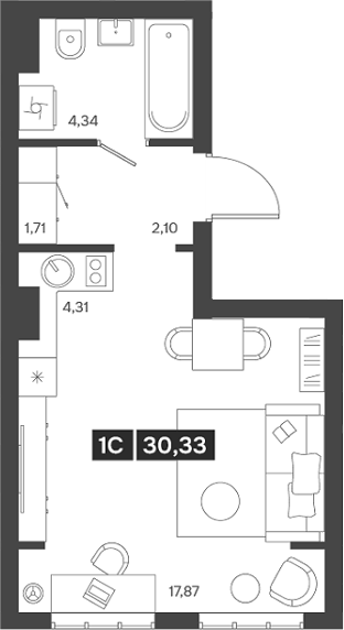 Планировка — Ньютон, Студия, 30 м²