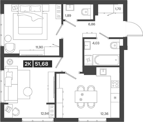 Планировка — Ньютон, 2-комн., 52 м²
