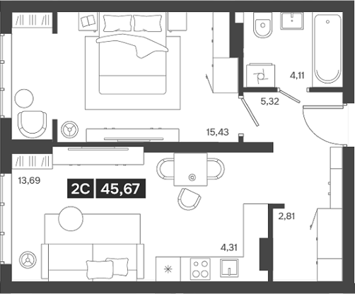 Планировка — Ньютон, 2-комн., 46 м²