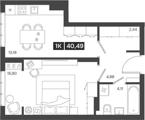 Планировка — Ньютон, 1-комн., 40 м²