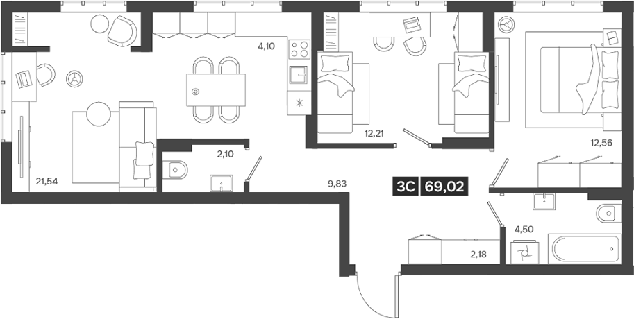 Планировка — Ньютон, 3-комн., 69 м²