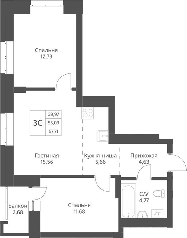Планировка — Актив, 3-комн., 55 м²