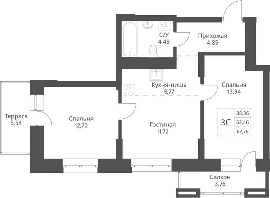 Планировка — Актив, 3-комн., 53 м²