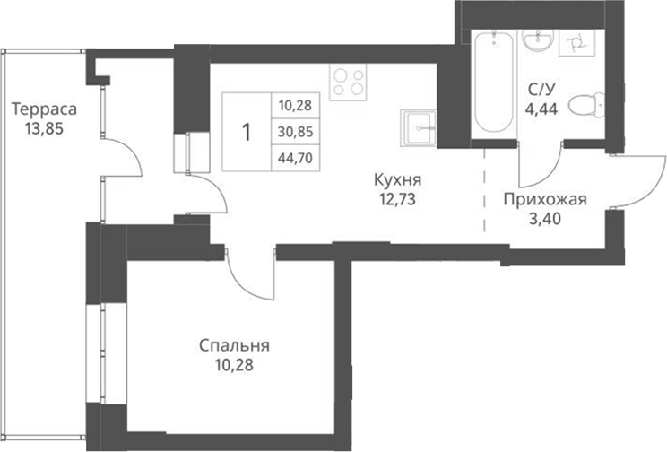 Планировка — Актив, 1-комн., 31 м²