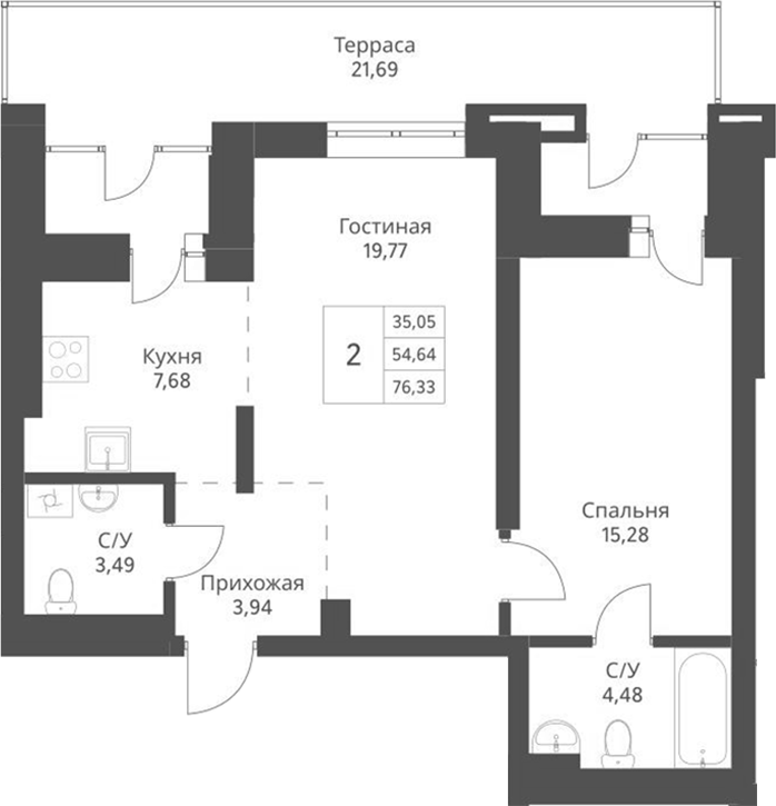 Планировка — Актив, 2-комн., 55 м²