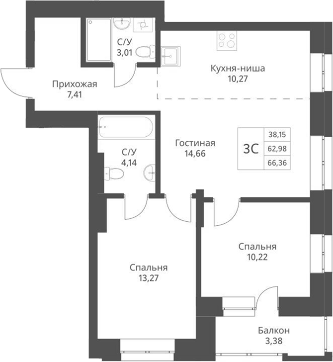 Планировка — Актив, 3-комн., 63 м²