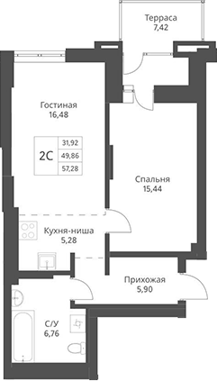 Планировка — Актив, 2-комн., 50 м²