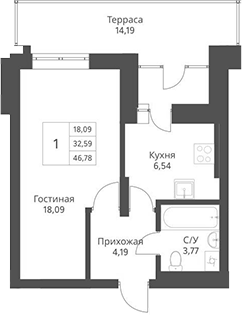Планировка — Актив, 1-комн., 33 м²