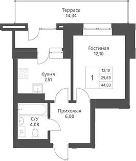 Планировка — Актив, 1-комн., 30 м²