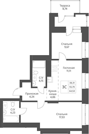Планировка — Актив, 3-комн., 56 м²