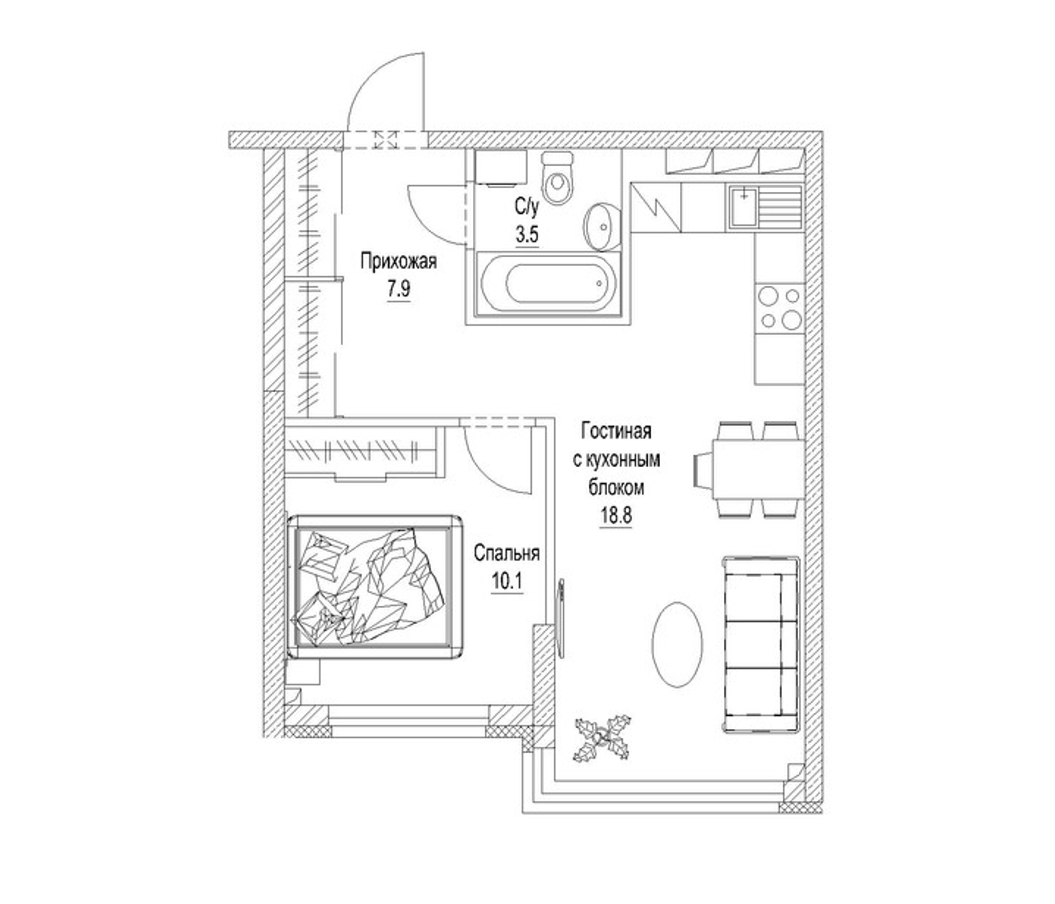 Планировка — Солнечный бульвар. Кемерово, 1-комн., 43 м²