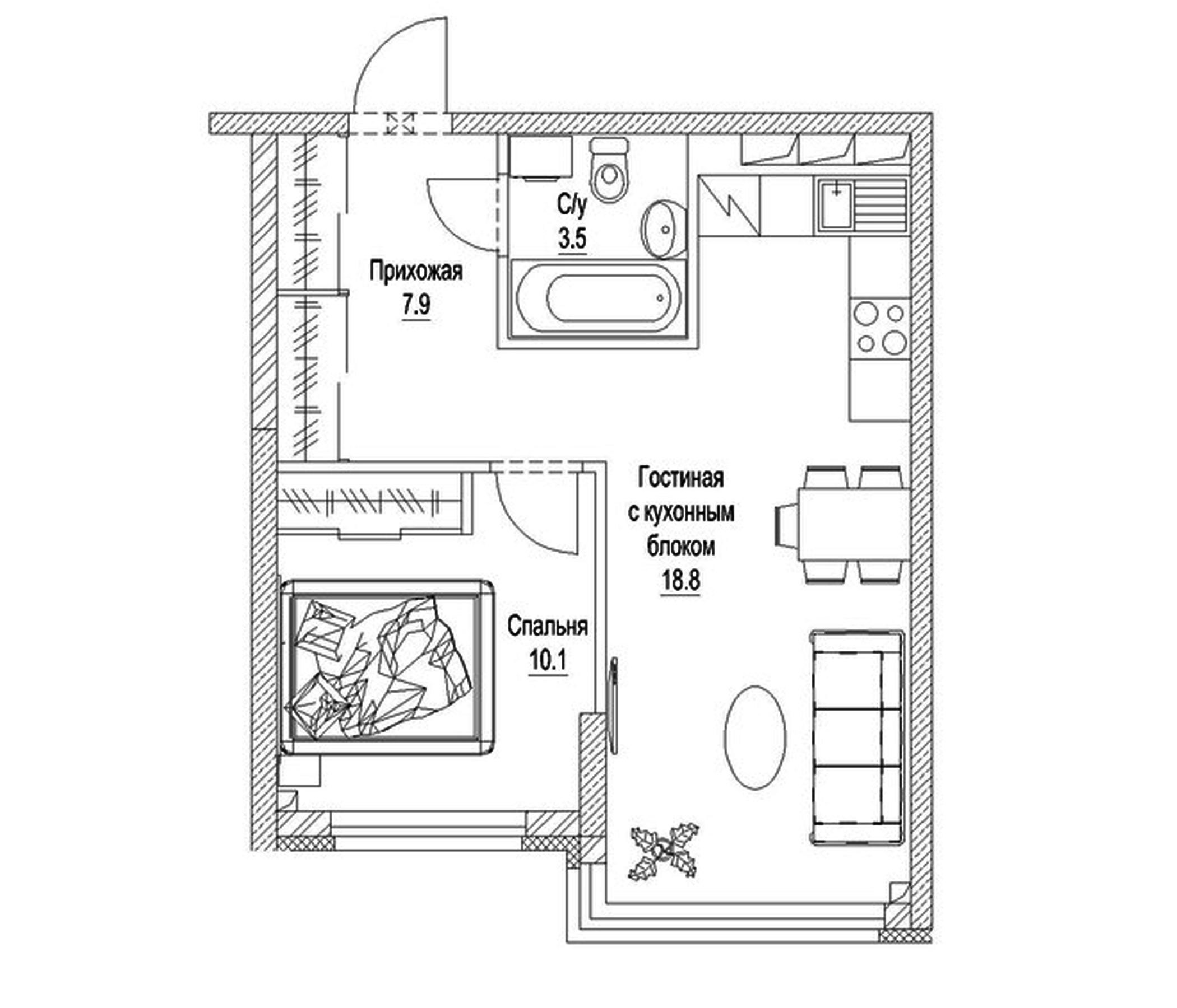Планировка — Солнечный бульвар. Кемерово, 1-комн., 43 м²