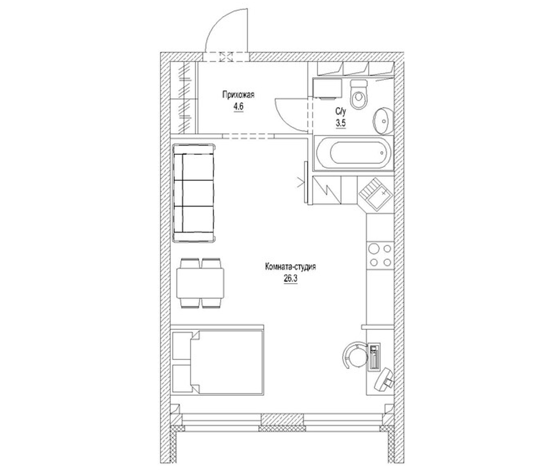 Планировка — Солнечный бульвар. Кемерово, Студия, 36 м²