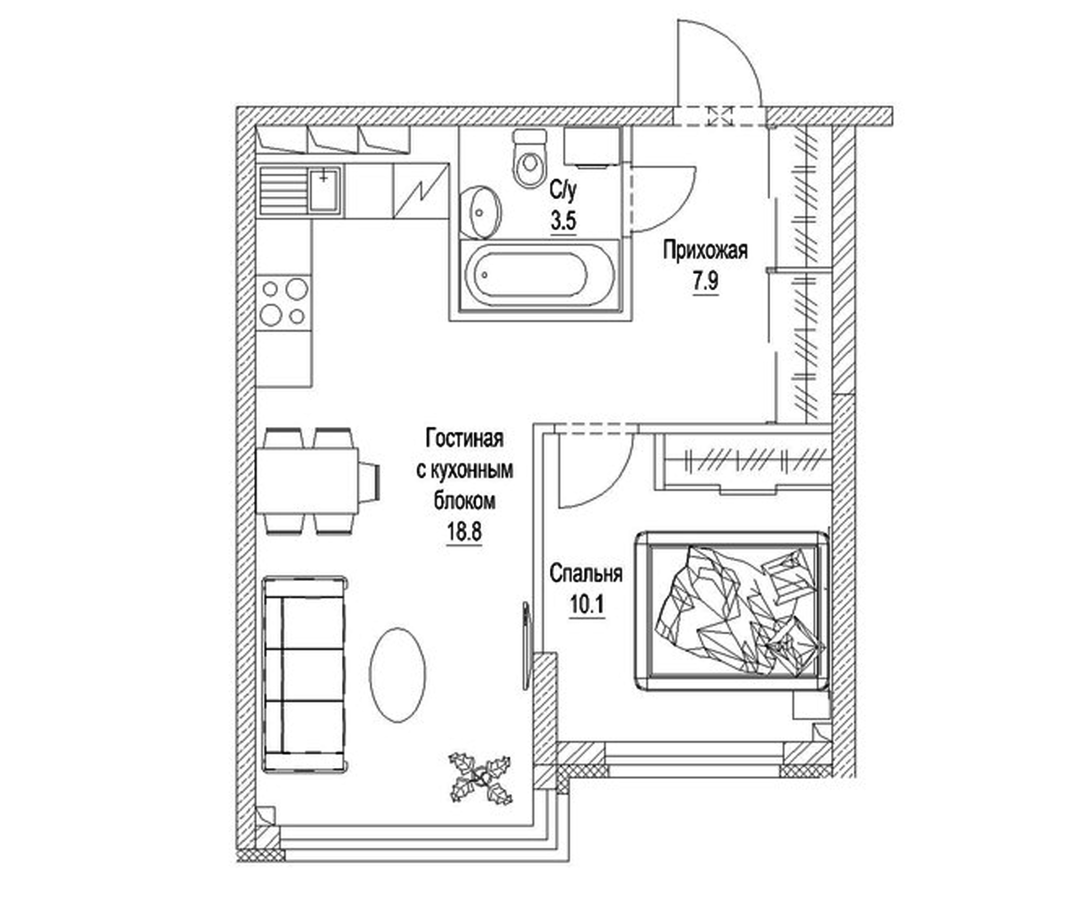 Планировка — Солнечный бульвар. Кемерово, 1-комн., 43 м²