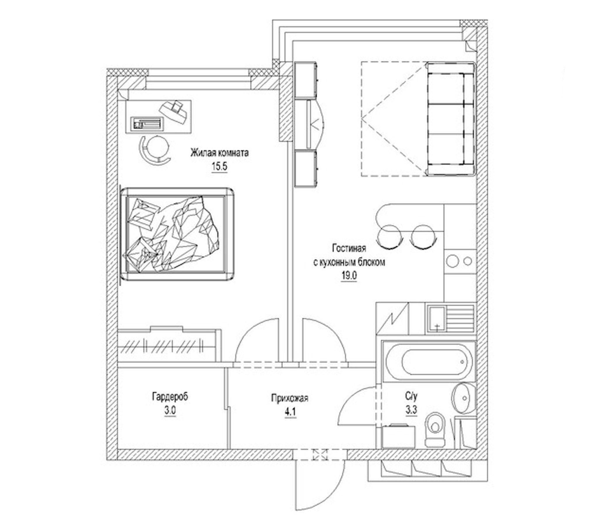 Планировка — Солнечный бульвар. Кемерово, 1-комн., 46 м²