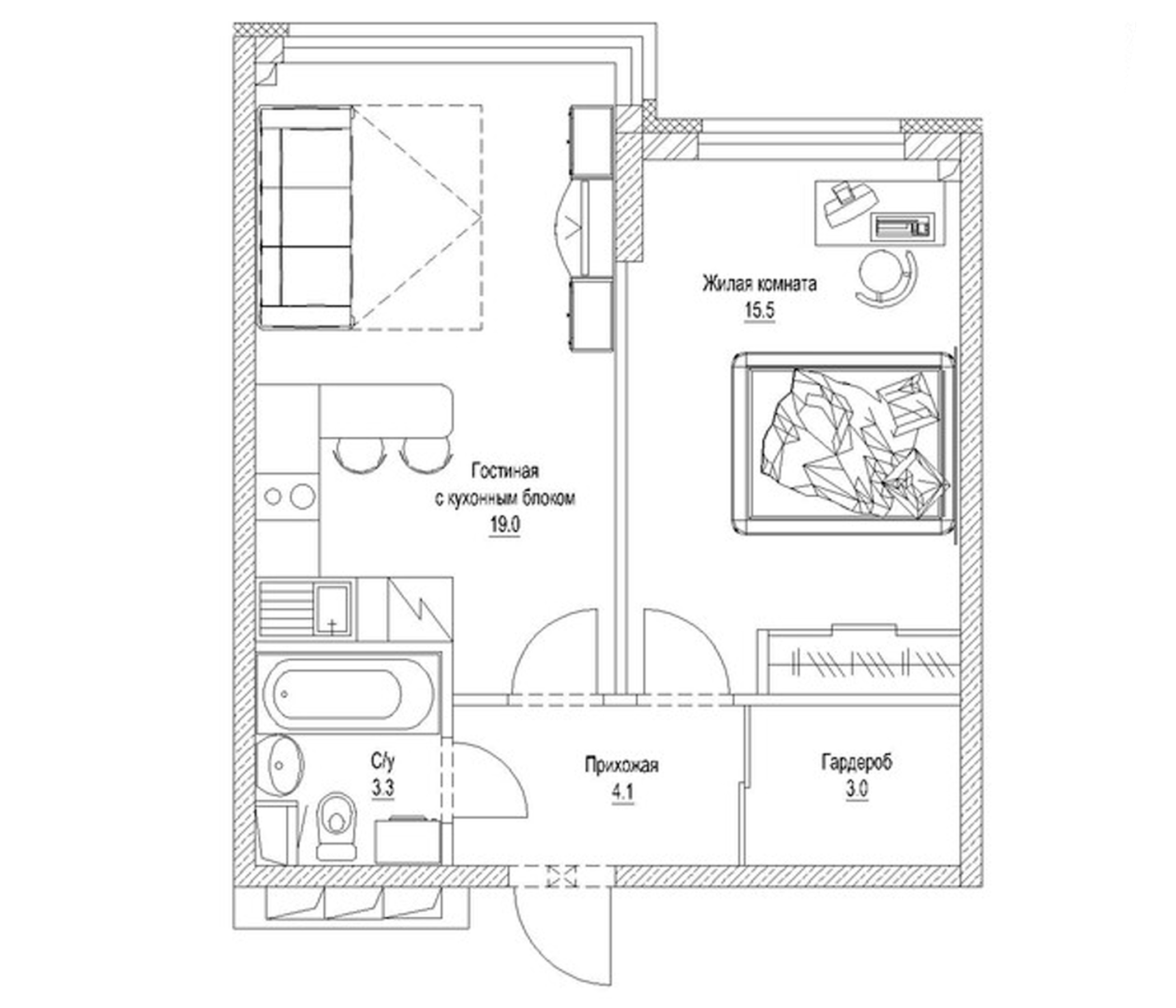 Планировка — Солнечный бульвар. Кемерово, 1-комн., 46 м²