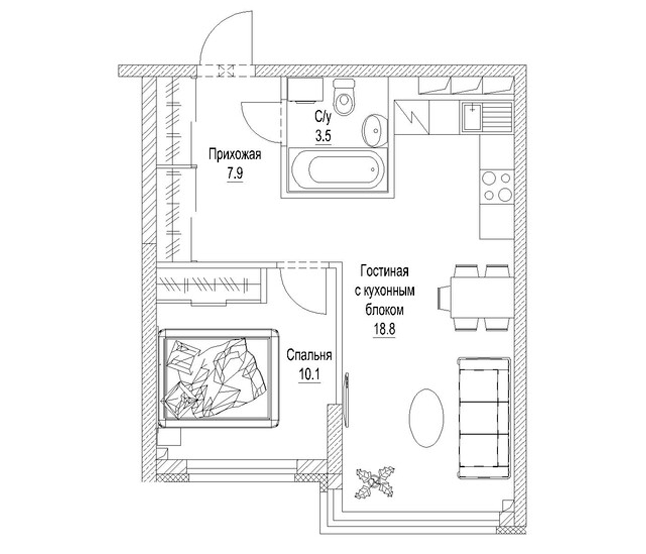 Планировка — Солнечный бульвар. Кемерово, 1-комн., 43 м²
