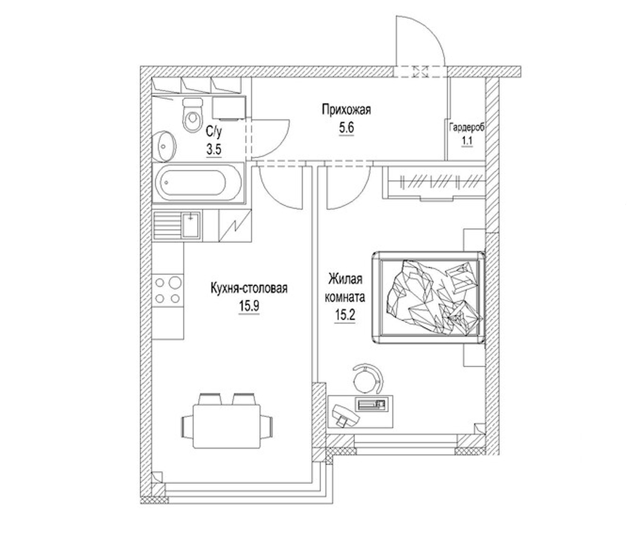 Планировка — Солнечный бульвар. Кемерово, 1-комн., 43 м²