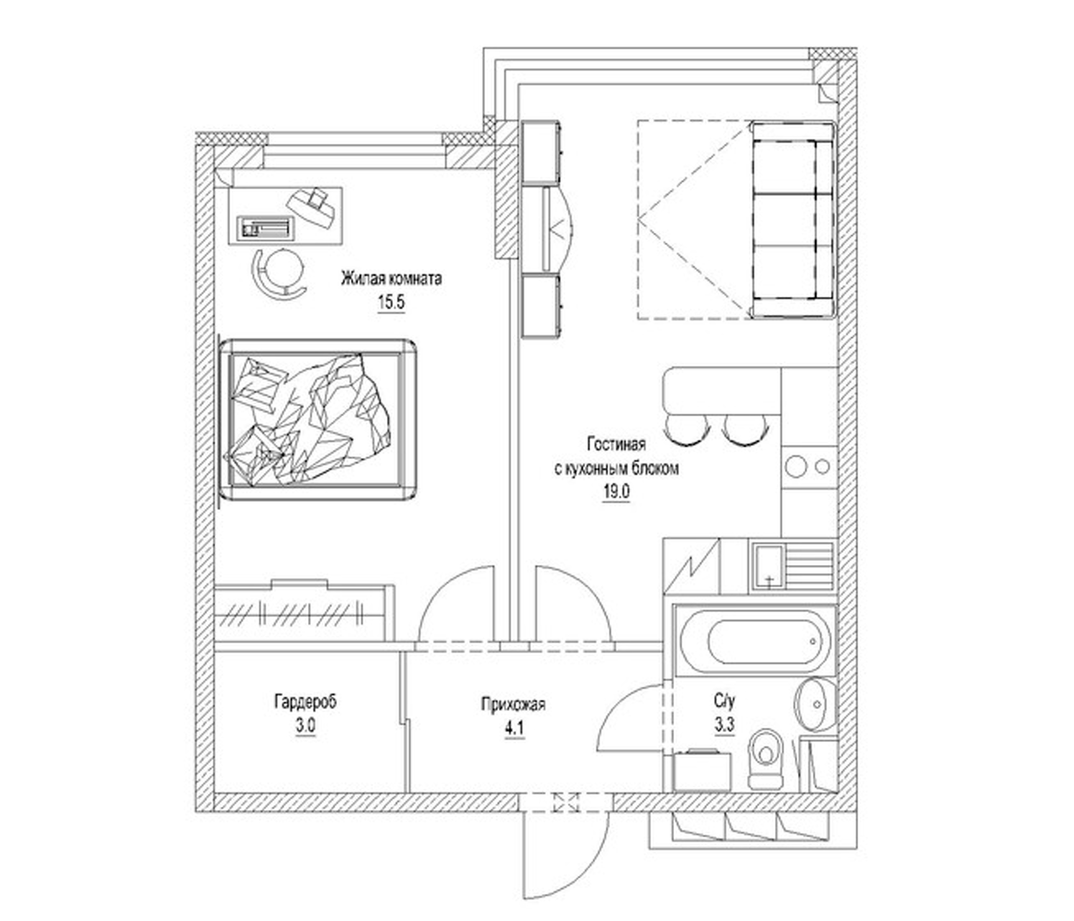 Планировка — Солнечный бульвар. Кемерово, 1-комн., 46 м²