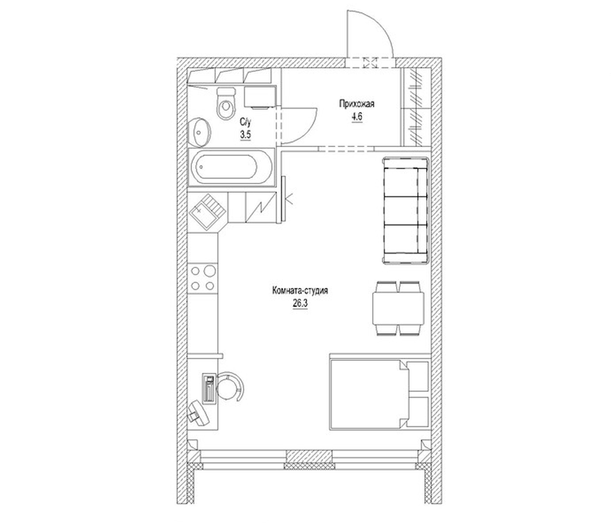 Планировка — Солнечный бульвар. Кемерово, Студия, 36 м²