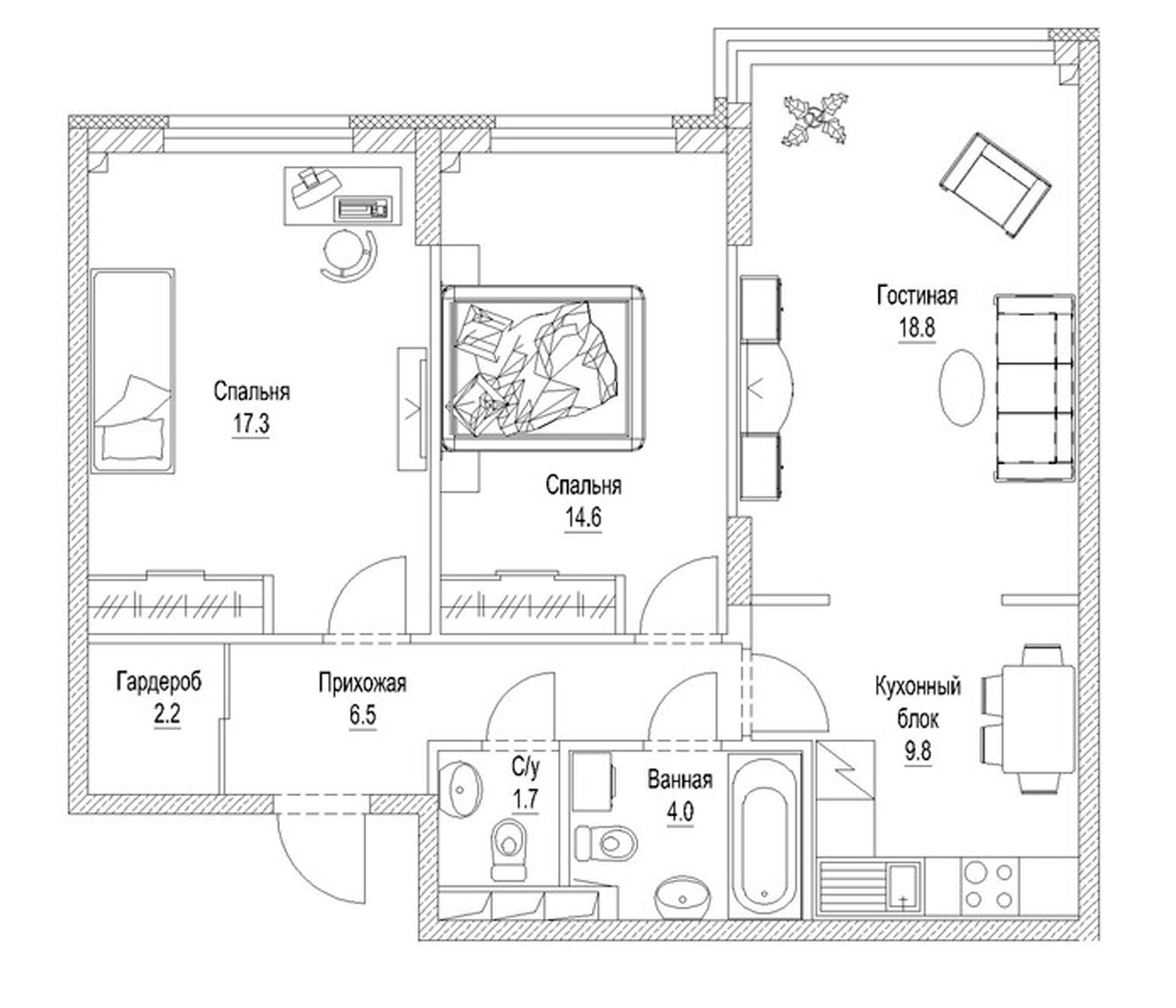 Планировка — Солнечный бульвар. Кемерово, 3-комн., 78 м²