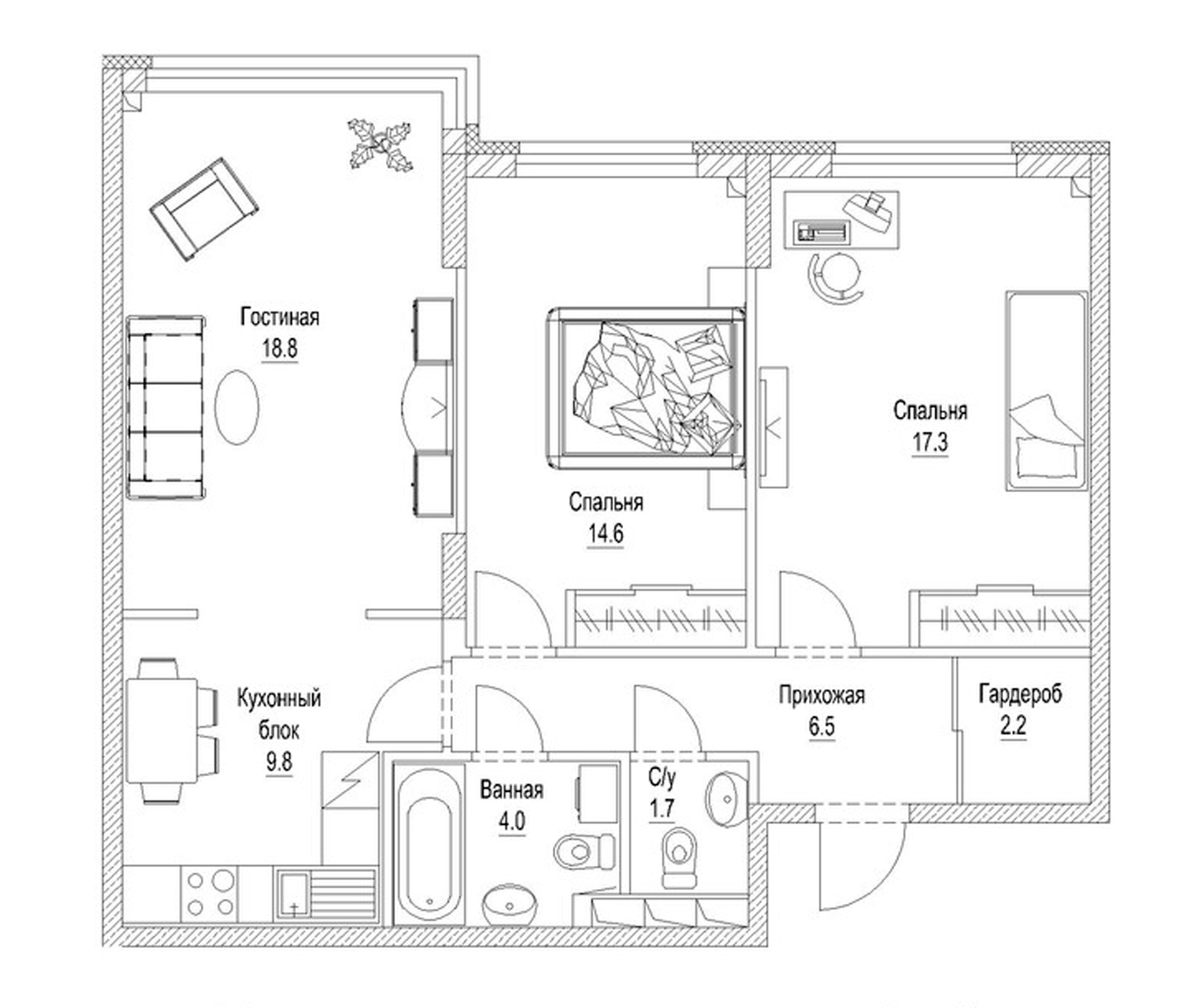 Планировка — Солнечный бульвар. Кемерово, 3-комн., 78 м²