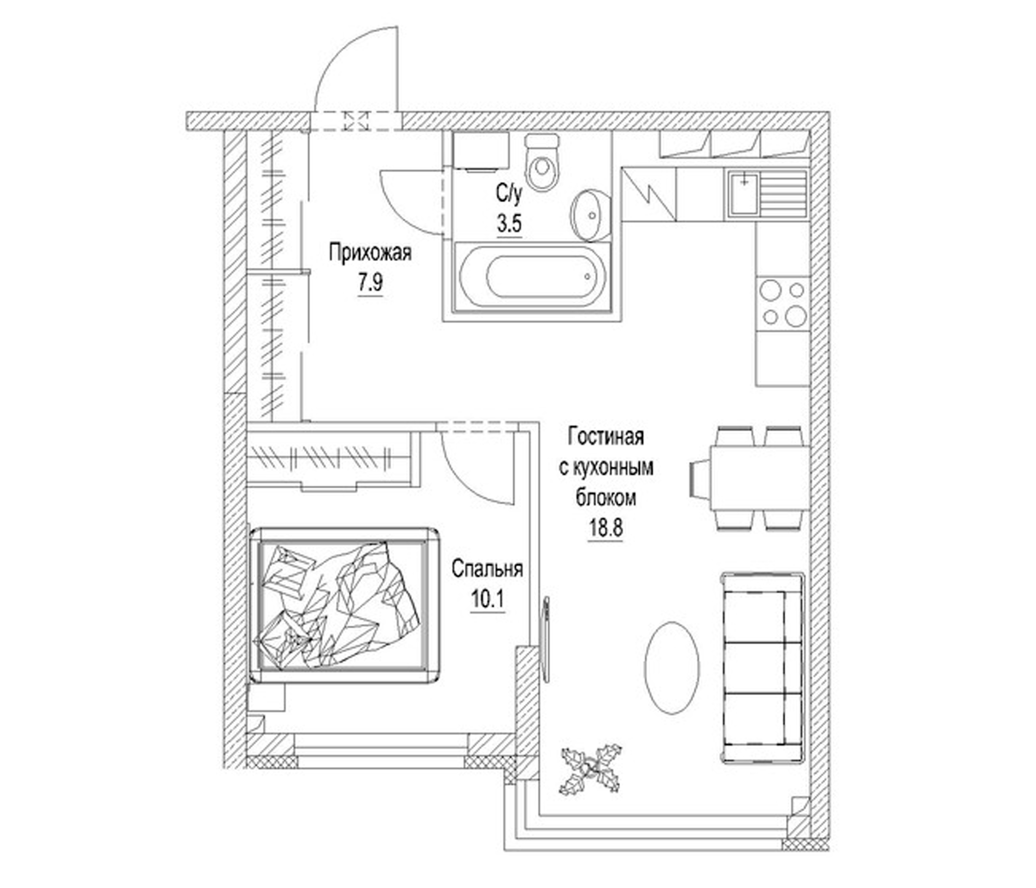 Планировка — Солнечный бульвар. Кемерово, 1-комн., 43 м²
