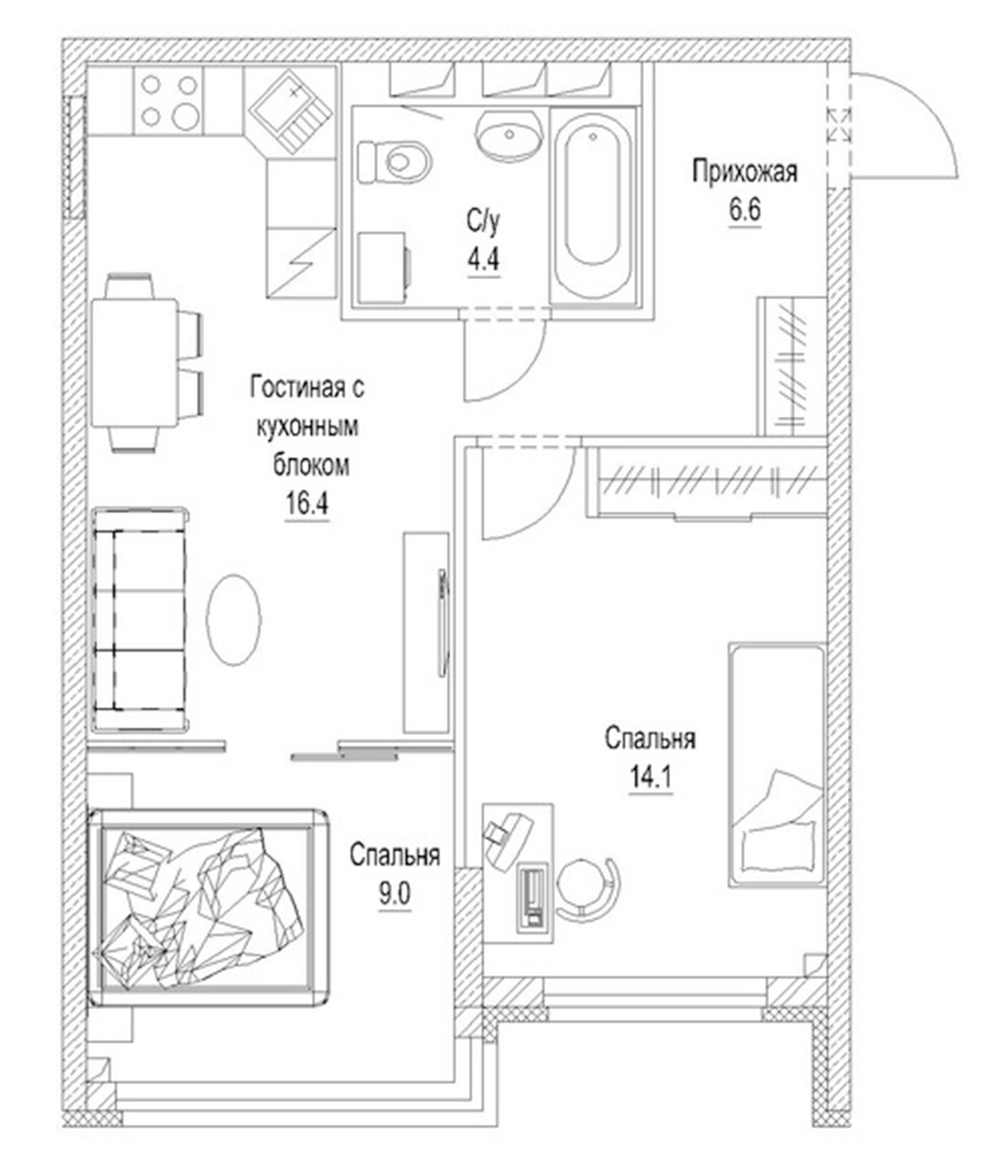 Планировка — Солнечный бульвар. Кемерово, 2-комн., 53 м²