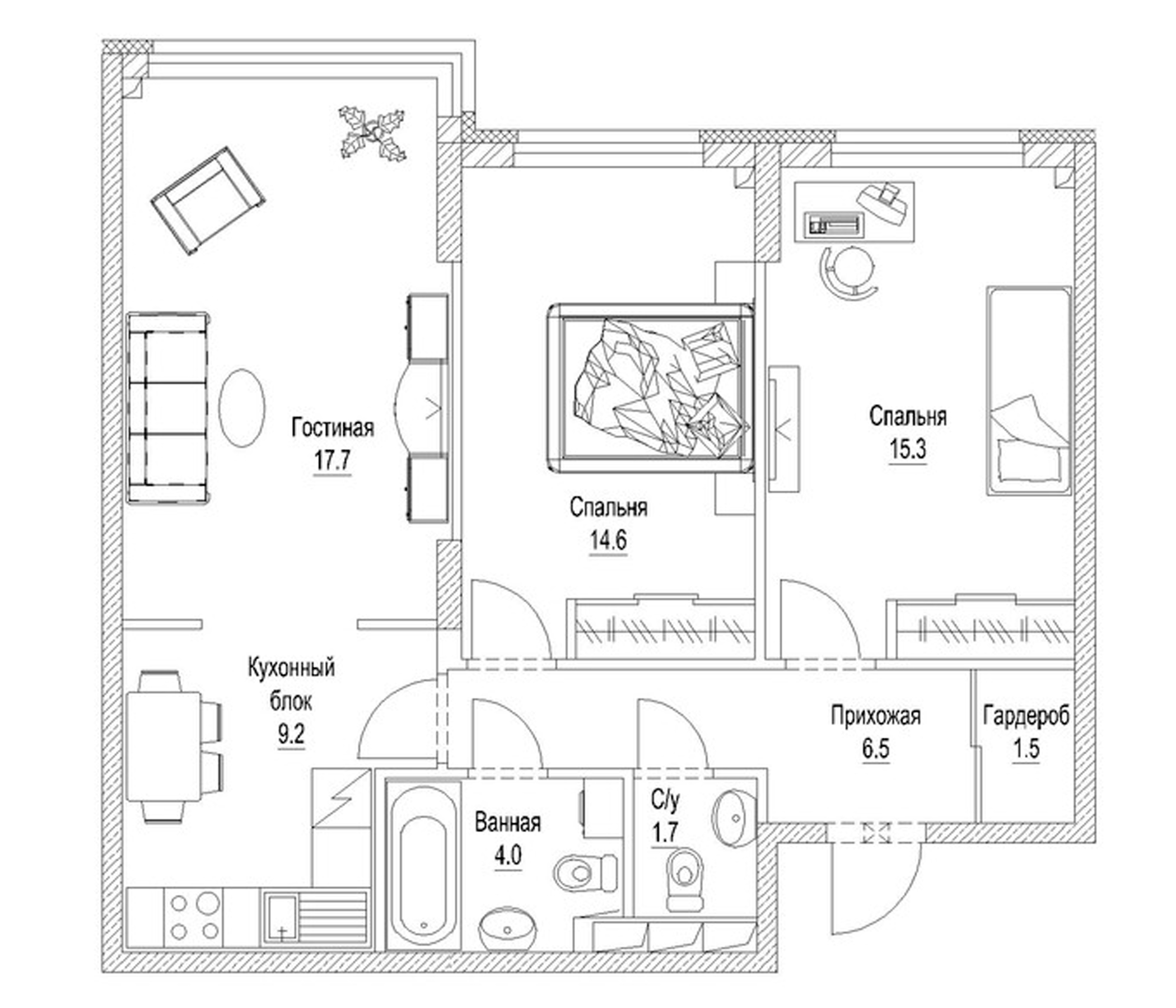 Планировка — Солнечный бульвар. Кемерово, 3-комн., 74 м²