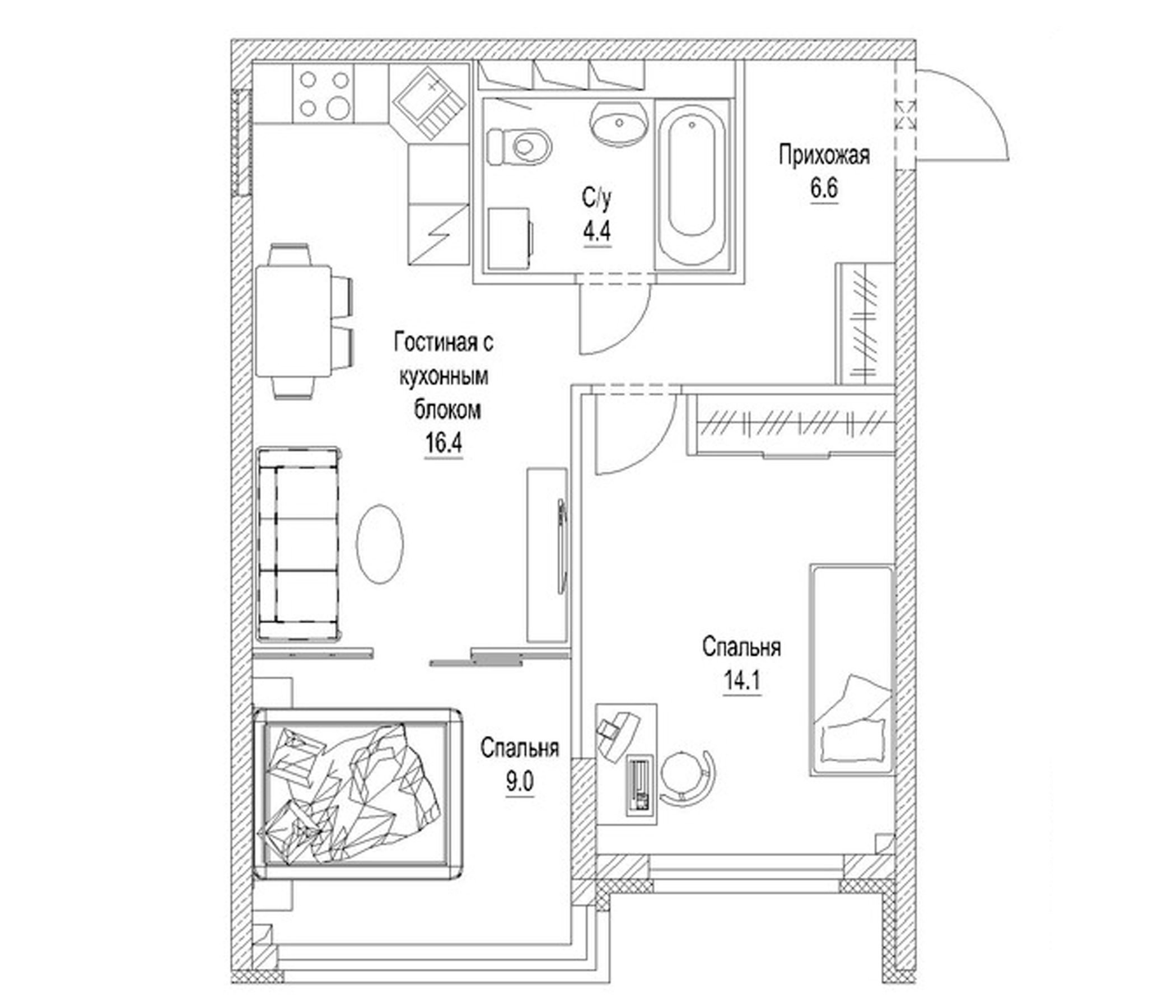 Планировка — Солнечный бульвар. Кемерово, 2-комн., 53 м²