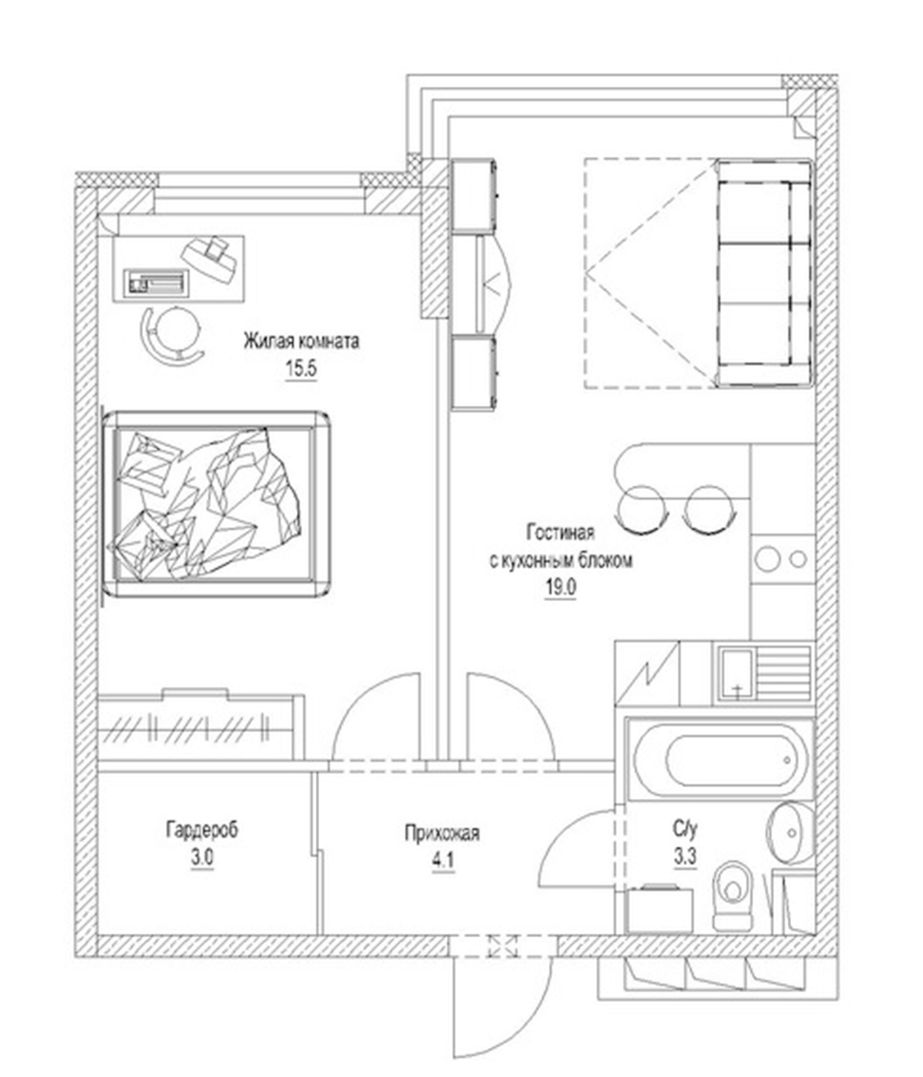 Планировка — Солнечный бульвар. Кемерово, 1-комн., 46 м²