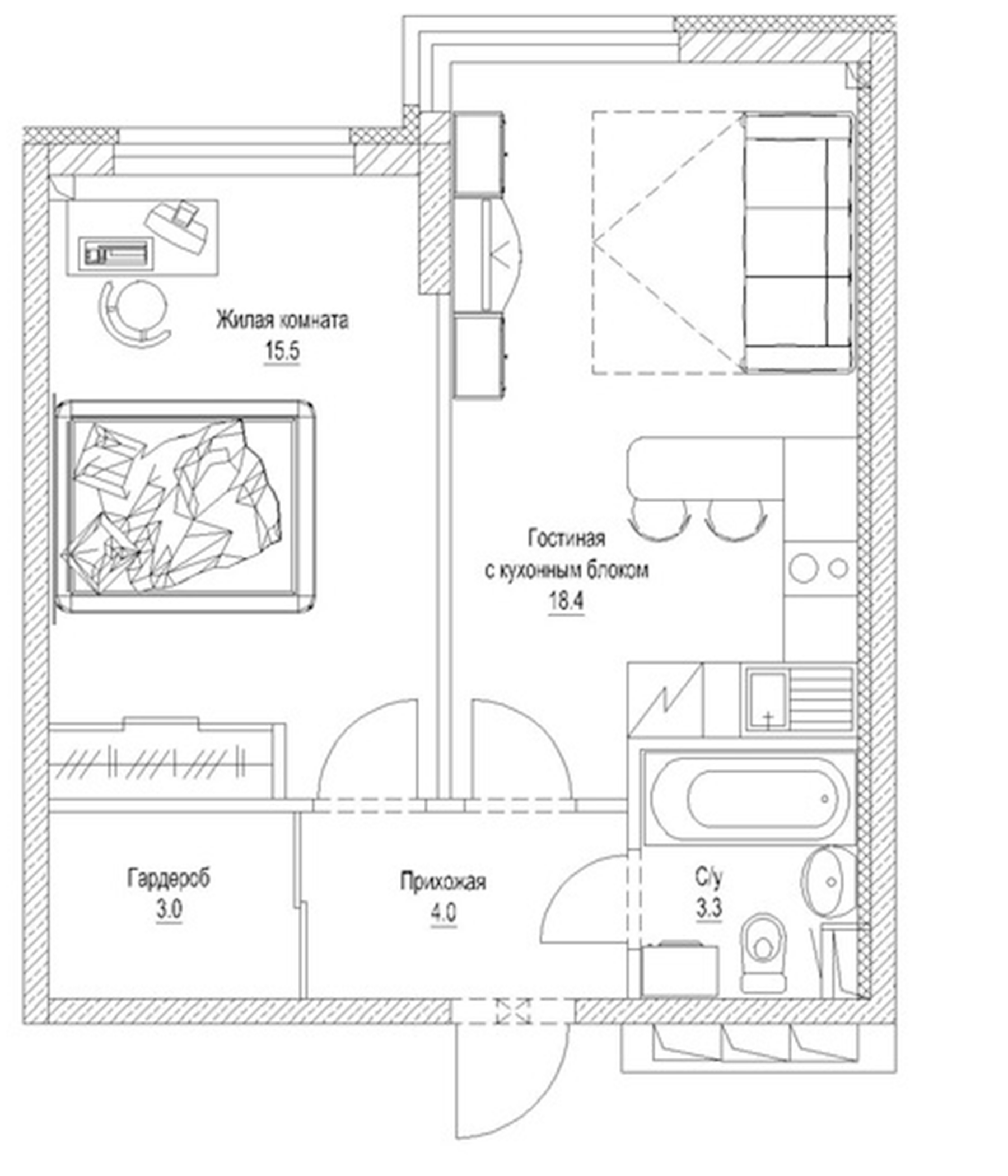 Планировка — Солнечный бульвар. Кемерово, 1-комн., 46 м²